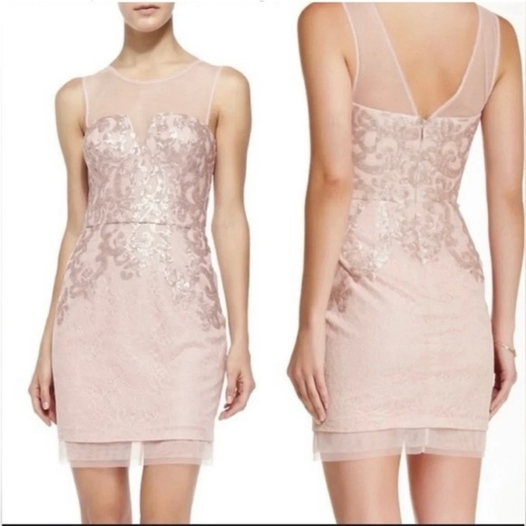 BCBGMaxAzaria Abigail Lace Sequined Wedding Party Cocktail Dress Blush Size 6 - Picture 2 of 10